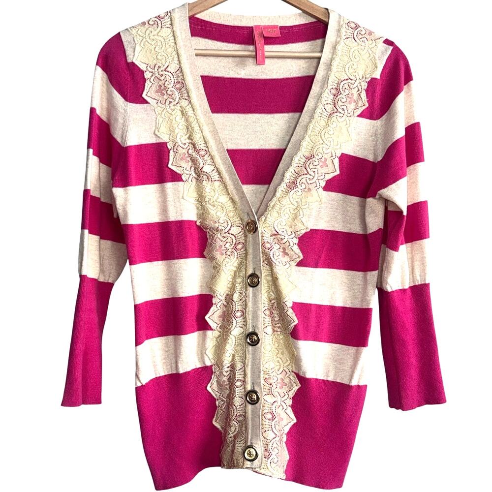 Charlotte Lace Trim Striped Button Front Cardigan Top Pink Cream Cotton L
